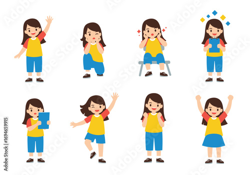 Set of illustrations depicting a young girl expressing various emotions and actions through simple cartoon drawings
