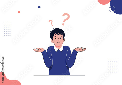 Young person expressing confusion with hands raised shrug shoulders questioning uncertainty doubt perplexity looking for answers seeking solutions