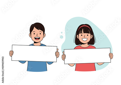 Two happy young children holding blank white signs with space for custom text and design elements