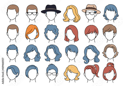 Collection of diverse hairstyles and headwear for people of all ages and genders