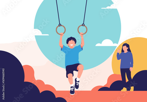 Active children enjoying outdoor playground gymnastics training and physical fitness activities on a sunny day