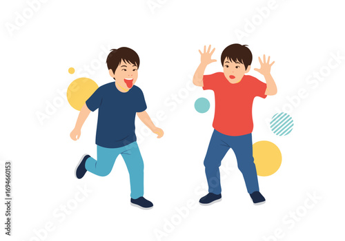 Two young boys playing energetically outdoors with colorful abstract shapes in the background symbolizing fun and childhood joy