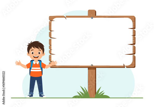 Happy young student standing next to a blank wooden signboard ready for educational information