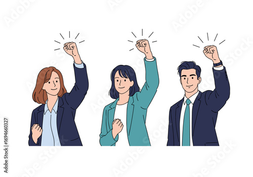 Three diverse professionals celebrating success raising their fists in a gesture of victory and accomplishment together
