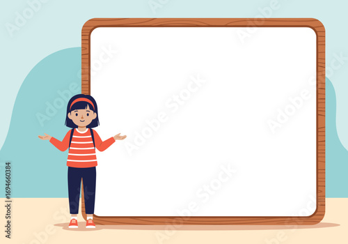 A young girl standing next to a blank whiteboard ready for learning and teaching ideas