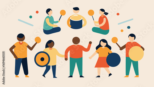 Community Drum Circle A communal drum circle with participants of all abilities collaborating in rhythm featuring adaptive instruments to ensure everyone can join in the fun.