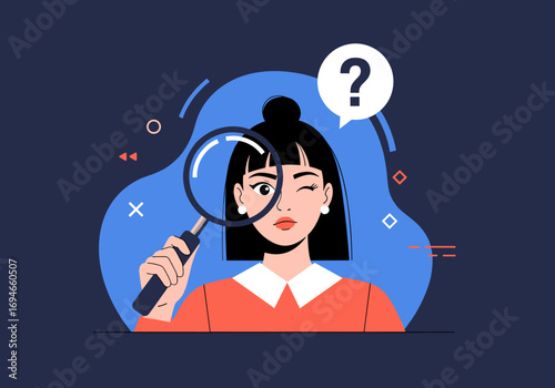 Curious young woman looking through a magnifying glass asking a question with a thought bubble representing investigation and discovery
