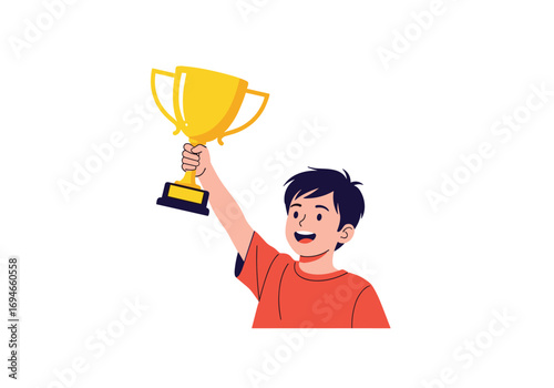 A young boy celebrates victory holding a golden trophy high in the air