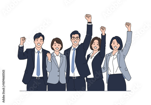 Successful business team celebrating together with arms raised high in victory