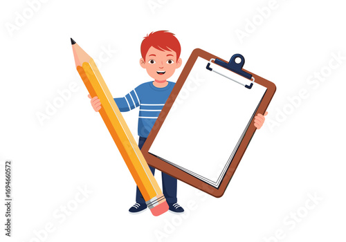 Young boy holding a giant pencil and a blank clipboard ready for creative ideas and important notes