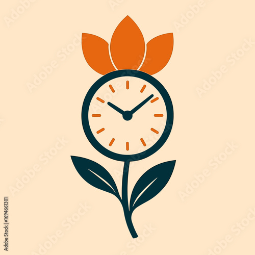 Stylized flower clock design featuring a blossoming flower and clock face