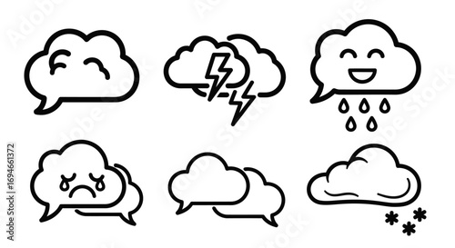 A creative concept of emotional weather illustrated with a set of cloud speech bubbles representing various moods and communication styles