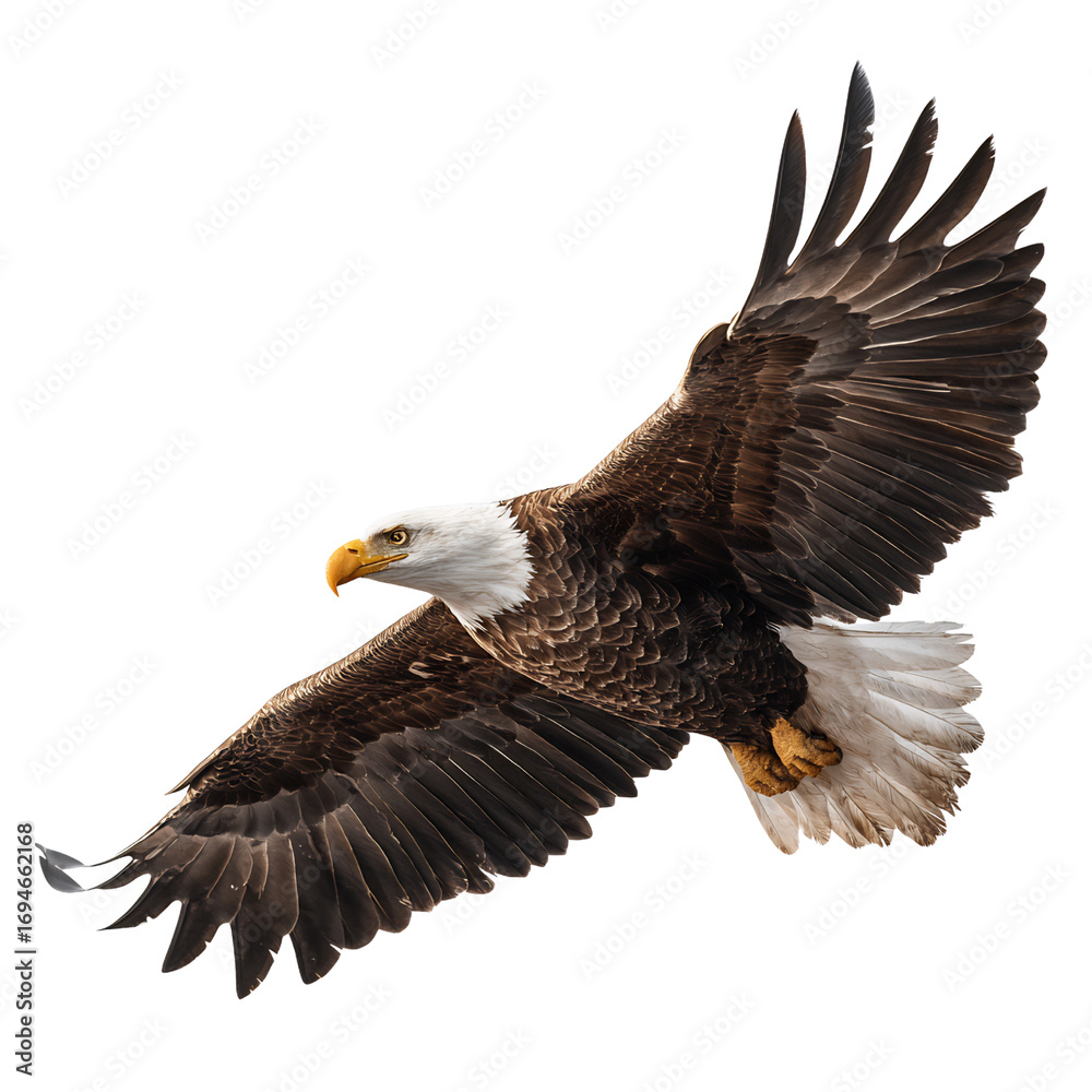 Fototapeta premium isolated bald eagle mid flight, wings fully extended, sharp beak detail, transparent background, stock PNG, textured grain