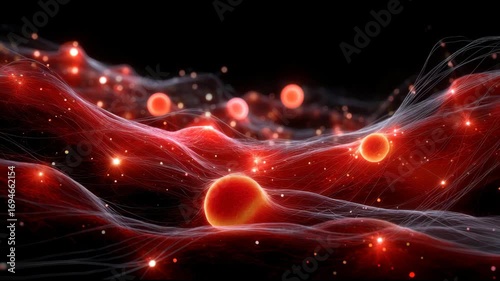 Dynamic Red Spheres Pulsating In Abstract Waves Against A Dark Background.Animation loop concept