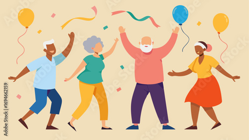 Dance Circle A diverse group of seniors of various backgrounds enjoying a lively dance class with colorful streamers and balloons in the background showcasing joy and movement.