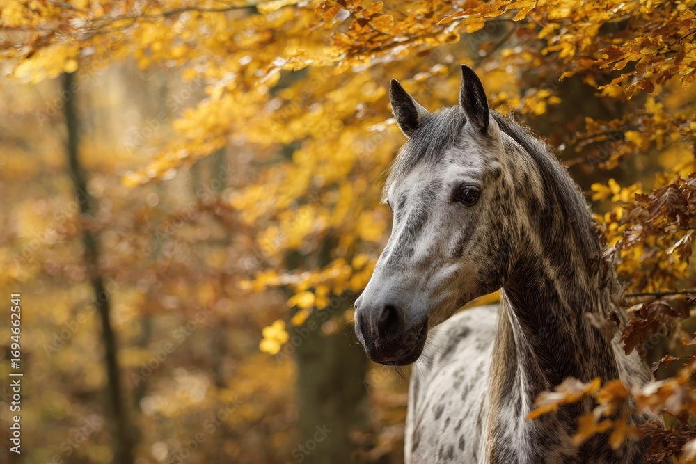 Fototapeta premium Grey horse in autumn forest (2)
