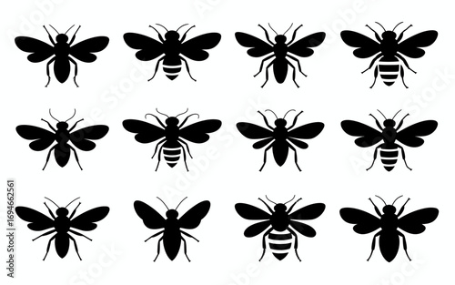 Vector art of collection of bee silhouettes in various positions