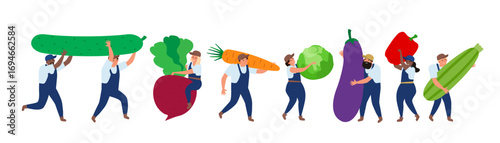 harvest time men and women with big vegetables cucumber carrot beat cabbage eggplant zucchini vector illustration 