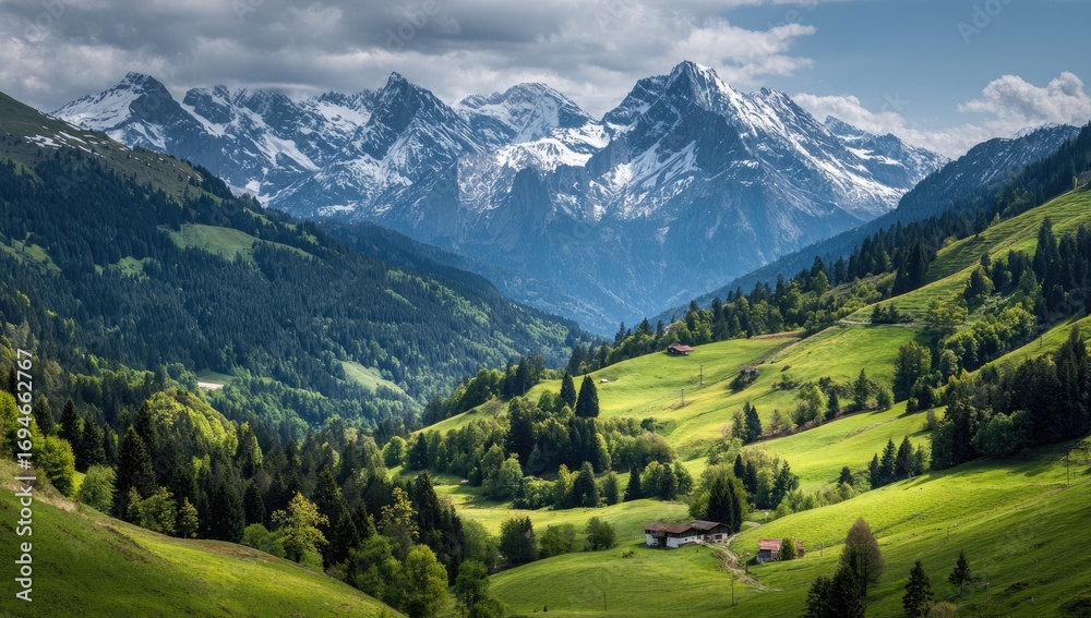 Obraz premium Alpine valley panorama with snow-capped peaks (2)