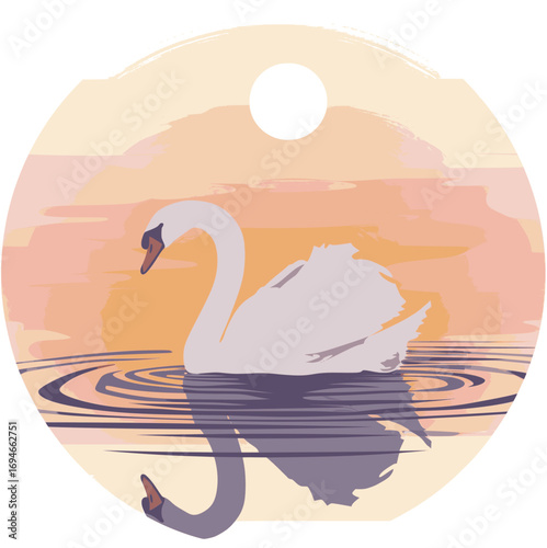 White Swan Swimming in Lake at Sunset Vector
