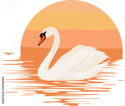 White Swan Swimming in Lake at Sunset Vector