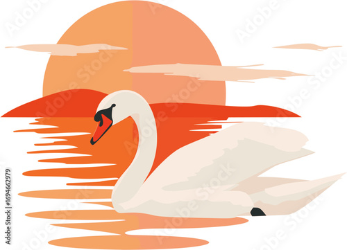 White Swan Swimming in Lake at Sunset Vector