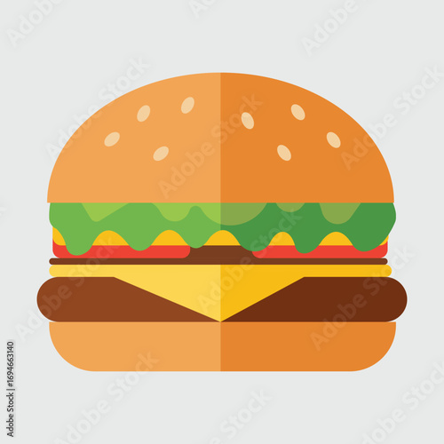 Flat Design Cheeseburger Icon with Lettuce, Tomato, and Sesame Seed Bun