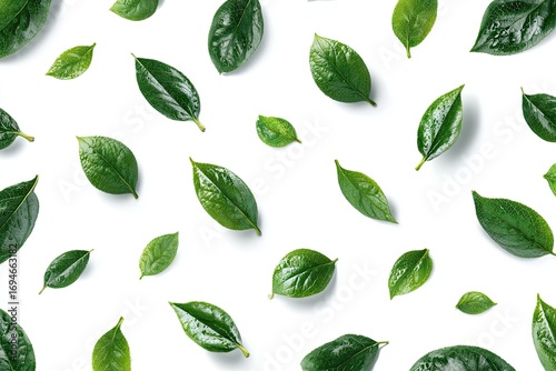 Fresh green leaves scattered on white background