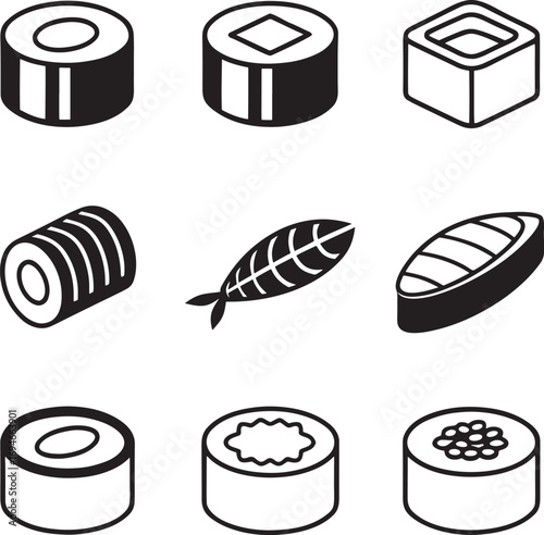 Japanese Food Icons Sushi and Rolls Illustrations