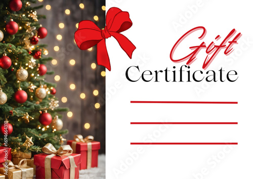 Gift certificate or voucher template with elegant design, decorative ribbon and bow, festive background, blank space for text or logo, suitable for holidays, sales, special offers, and promotional