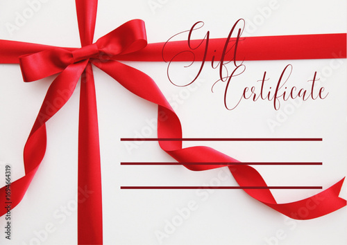 Gift certificate or voucher template with elegant design, decorative ribbon and bow, festive background, blank space for text or logo, suitable for holidays, sales, special offers, and promotional