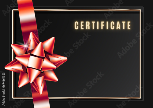 Gift certificate or voucher template with elegant design, decorative ribbon and bow, festive background, blank space for text or logo, suitable for holidays, sales, special offers, and promotional
