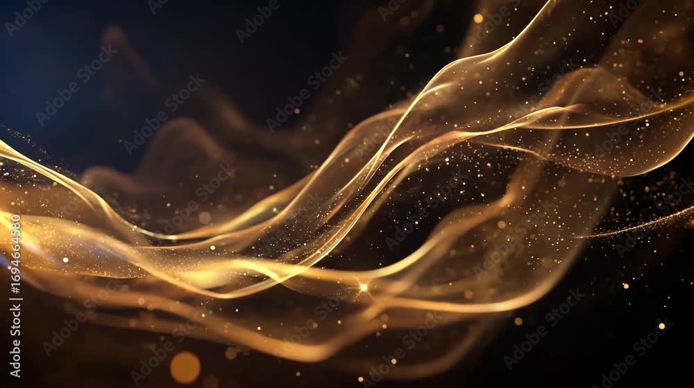 Ondas de Luz Dorada en Movimiento – Fondo Abstracto Elegante con Partículas