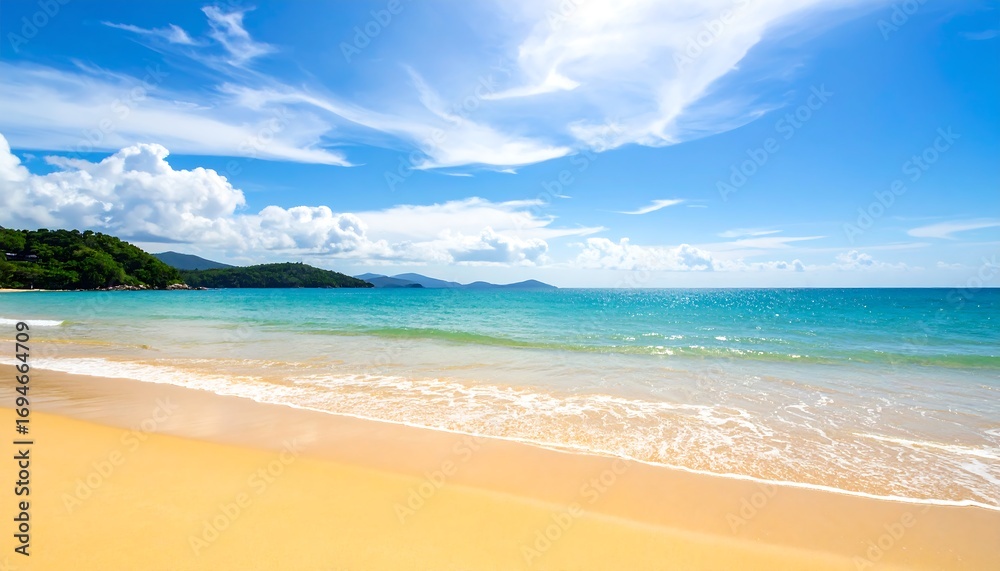 Obraz premium Tropical beach scene under a vibrant blue sky (1)