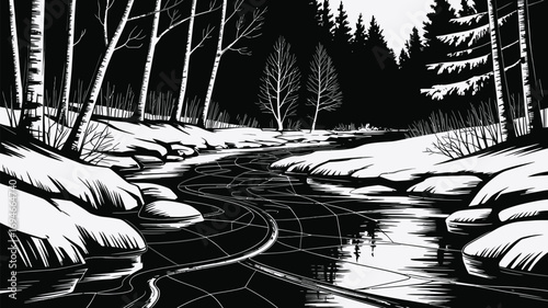 Frozen Winter Lake with Ice Cracks and Snowy Shoreline – Black and White Vector Illustration of Cold Nature Landscape