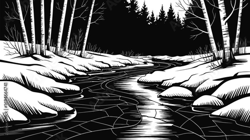 Frozen Winter Lake with Ice Cracks and Snowy Shoreline – Black and White Vector Illustration of Cold Nature Landscape