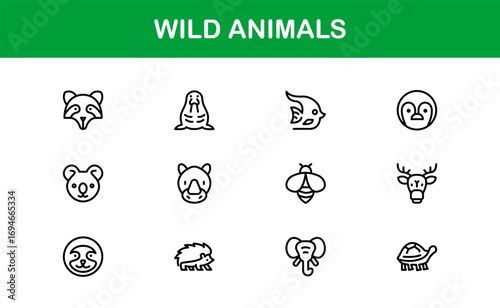 Wild Animals Line Icon Set – Professional Minimal Vector Illustrations for Nature and Wildlife Enthusiasts