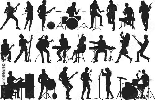 Music band silhouettes, musicians performing, playing instruments, guitarists, drummers, singers, piano players, concert stage scene, vector illustration collection