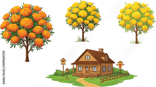 Charming wooden house with vibrant orange and yellow marigold trees, peaceful countryside garden, sunny day, nature, rural landscape, outdoor scene