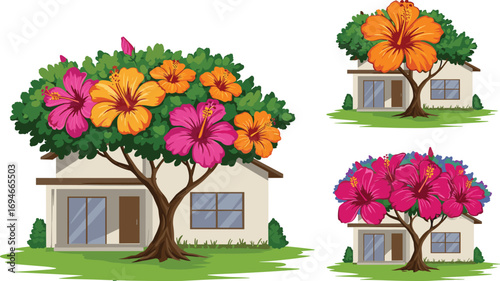 Colorful hibiscus flower trees with modern house, tropical garden scenery, botanical blooming illustration, vibrant nature residential landscape