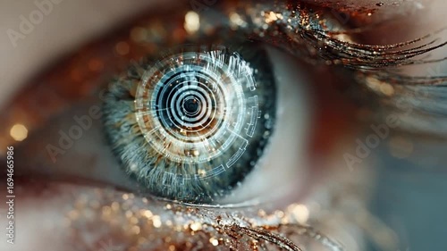 Vision of Tomorrow: A captivating macro view of a human eye, enhanced with intricate digital enhancements. A striking fusion of organic beauty and futuristic aesthetics.