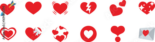 Collection of red heart icons with love, romance, and passion themes. Decorative vector symbols for Valentine, wedding, and romantic design. Modern flat style illustration set.