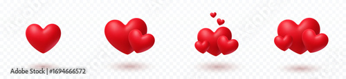 Valentines day love symbols isolated on transparent background. Vector 3d heart balloons. Red romantic signs. Wedding decoration elements with shadow