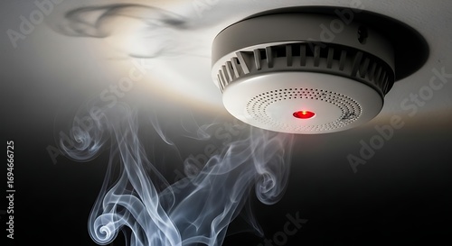Smoke detector with red light blinking, indicating a fire hazard, emphasizing the importance of home safety and early warning systems for fire prevention