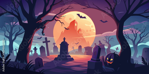 Halloween pumpkins, bats, a cemetery and a scary castle against the backdrop of a spooky big orange moon. Festive flyer, poster or banner.