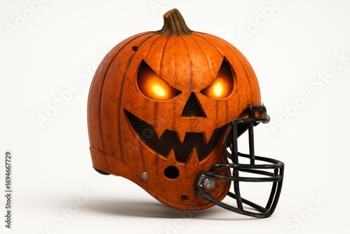 A Halloween-themed football helmet designed like a jack-o'-lantern, featuring glowing eyes and a menacing grin.