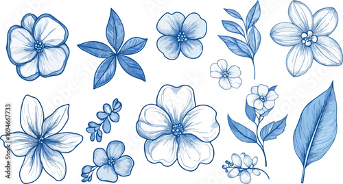 Vibrant collection of abstract watercolor floral elements and botanical illustrations in blue and yellow