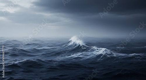 Fototapeta Naklejka Na Ścianę i Meble -  A dramatic seascape featuring a large wave cresting under a stormy sky, conveying the power and beauty of natures turbulent forces