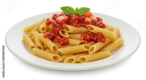 Pasta with tomato sauce and basil on a white plate  
