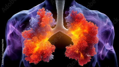 Vibrant Glowing Illustration of Lungs with Colorful Details Representing Breath and Energy in a Dynamic Design.Animation loop concept